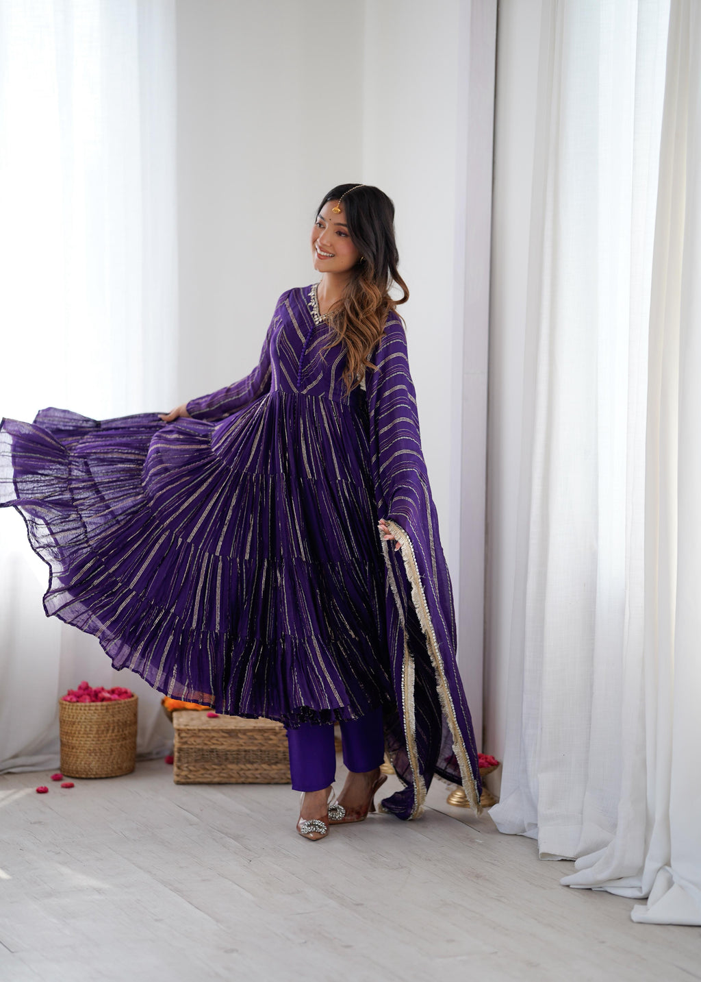 Purple Mal Chanderi Ruffle Kurta Set