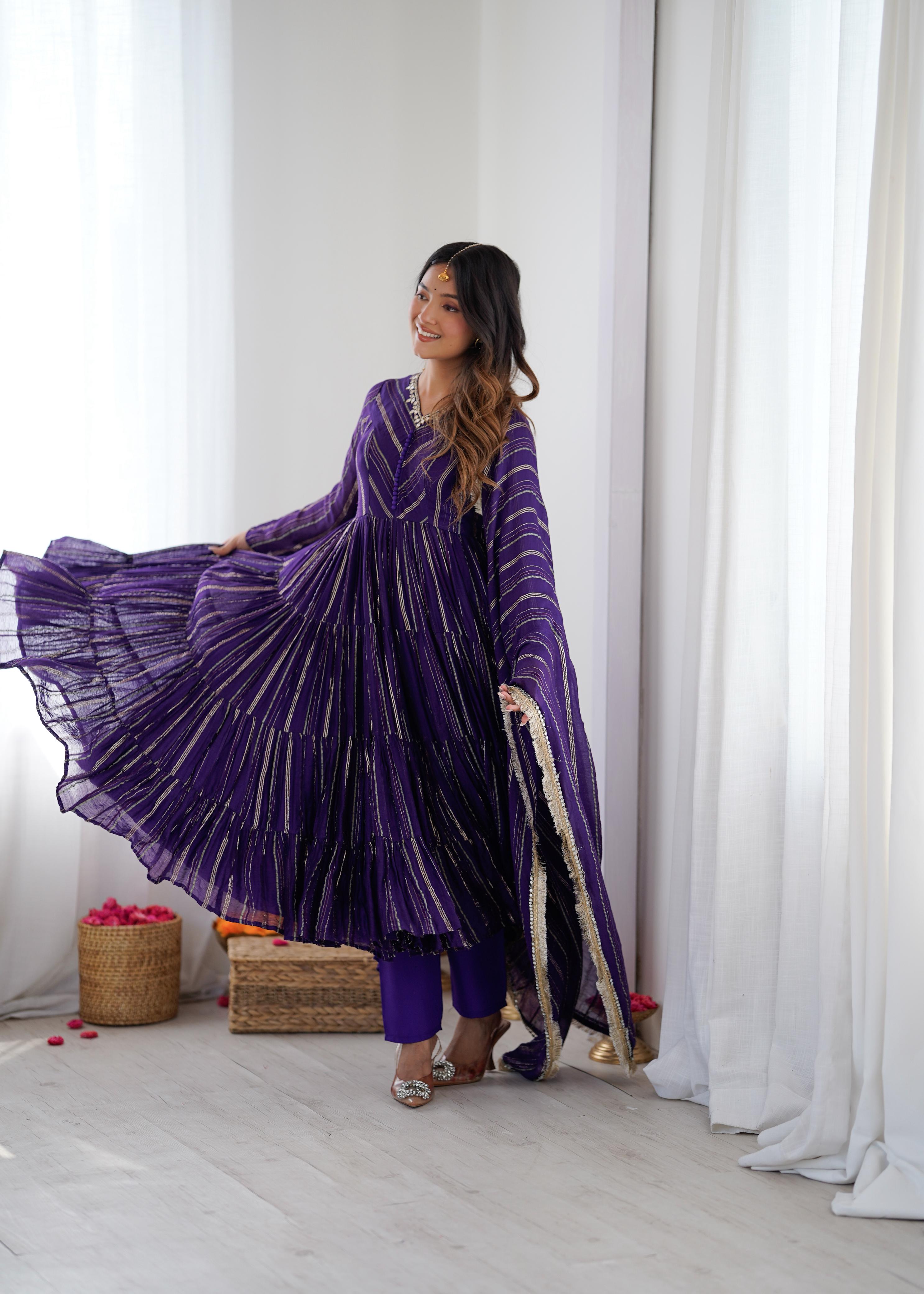 Purple Mal Chanderi Ruffle Kurta Set