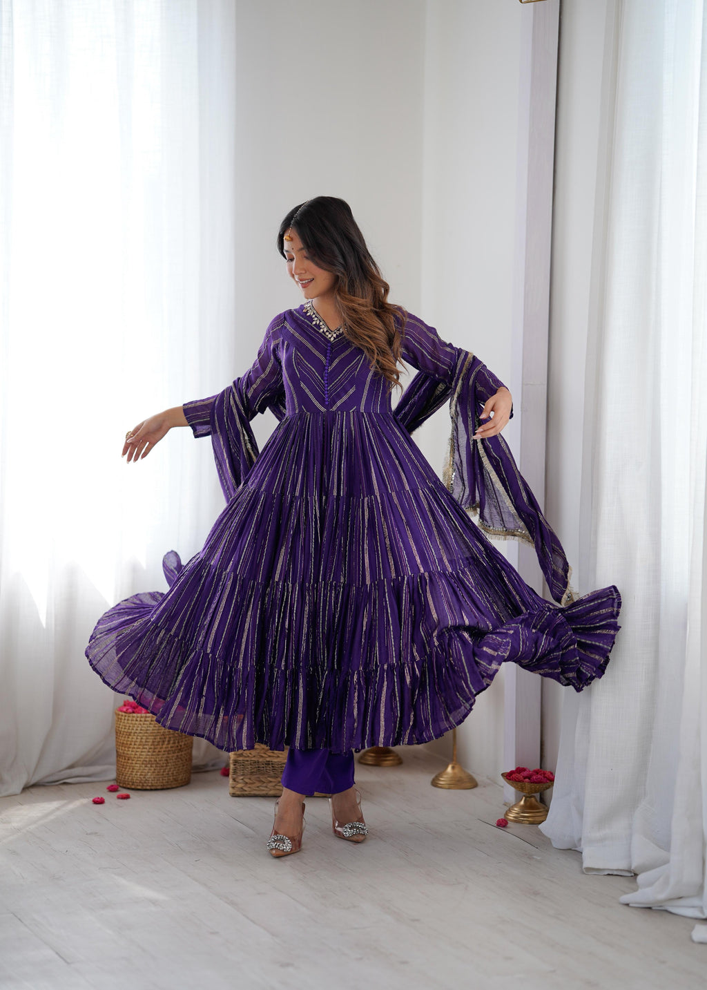 Purple Mal Chanderi Ruffle Kurta Set