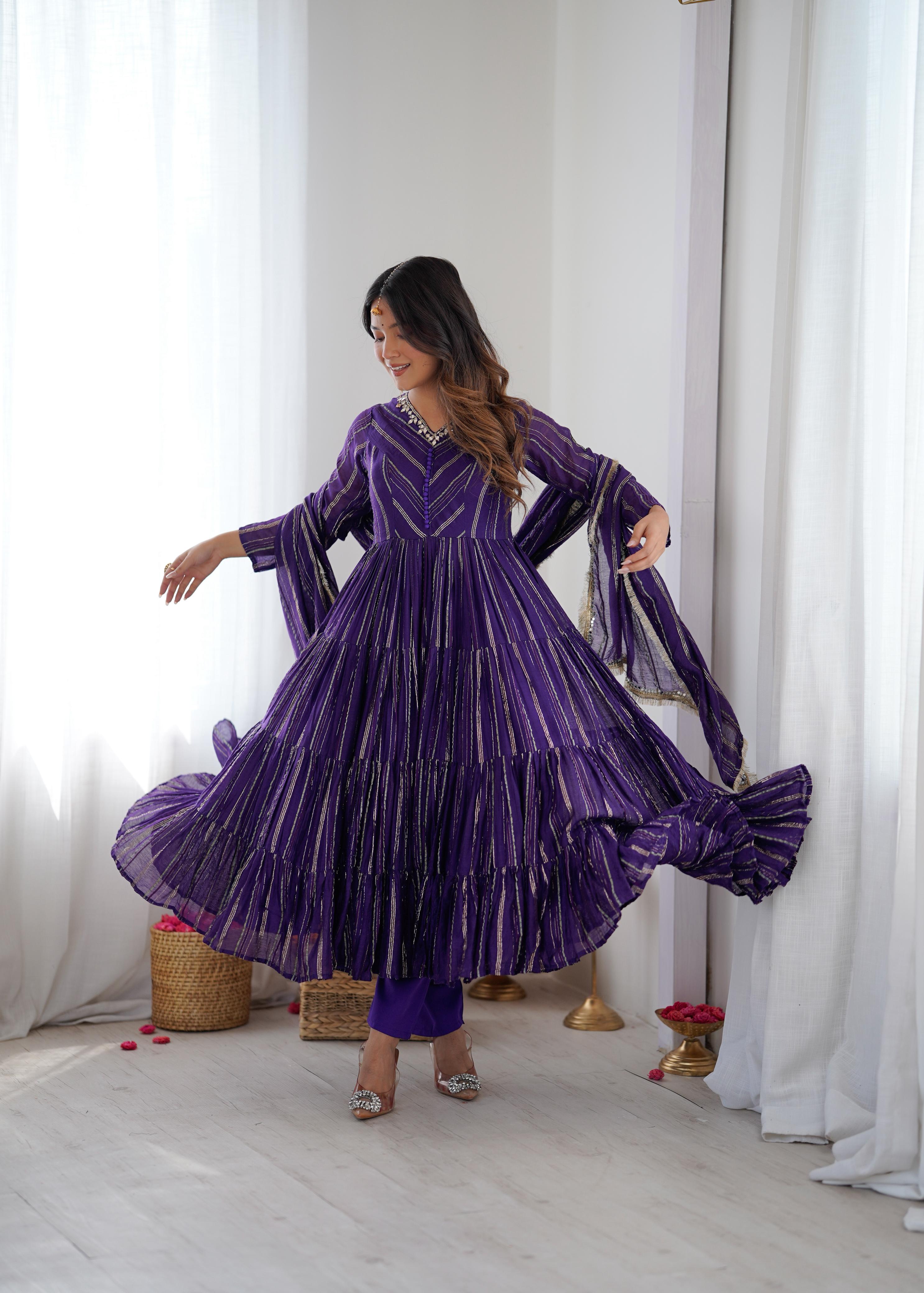 Purple Mal Chanderi Ruffle Kurta Set