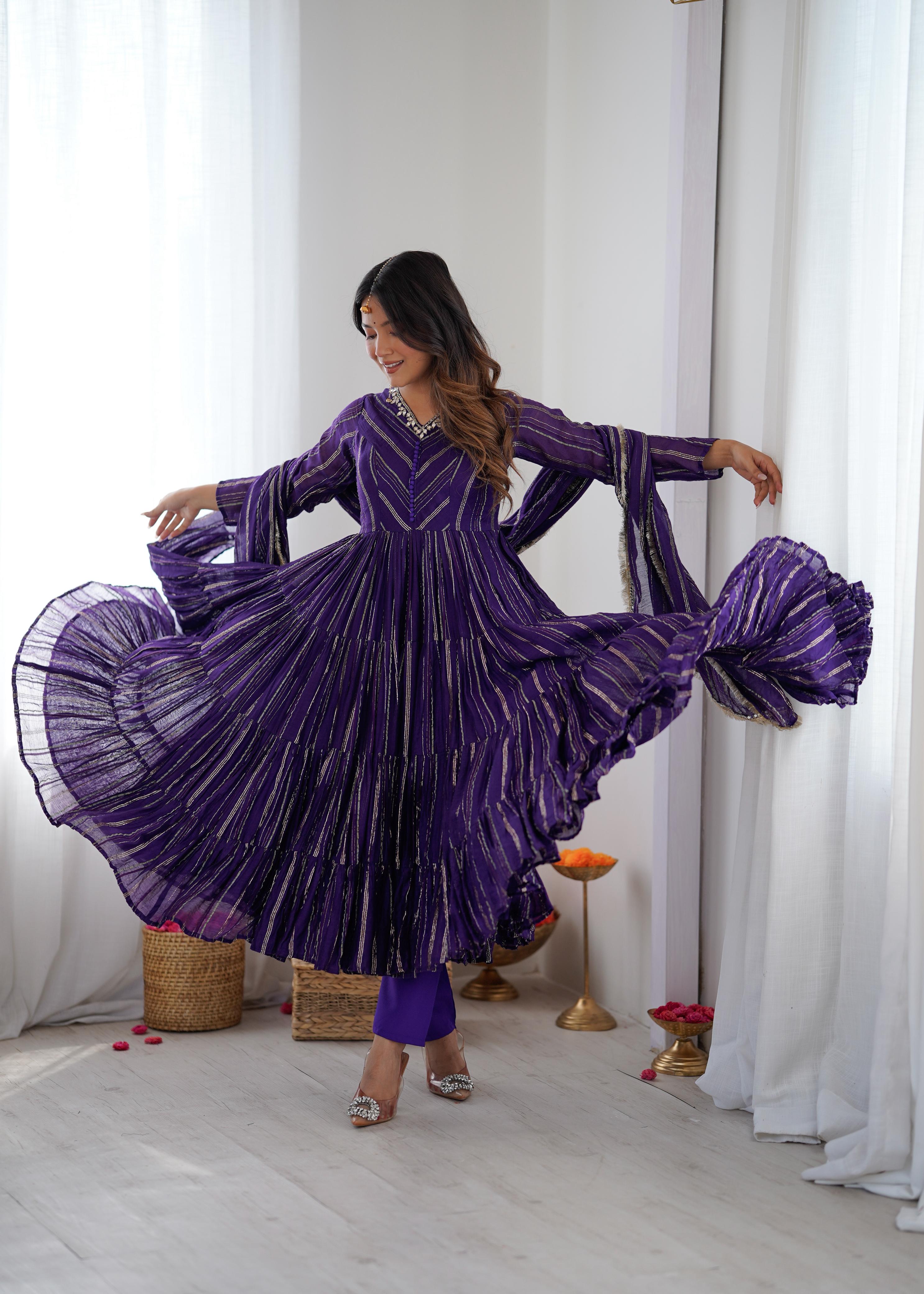 Purple Mal Chanderi Ruffle Kurta Set