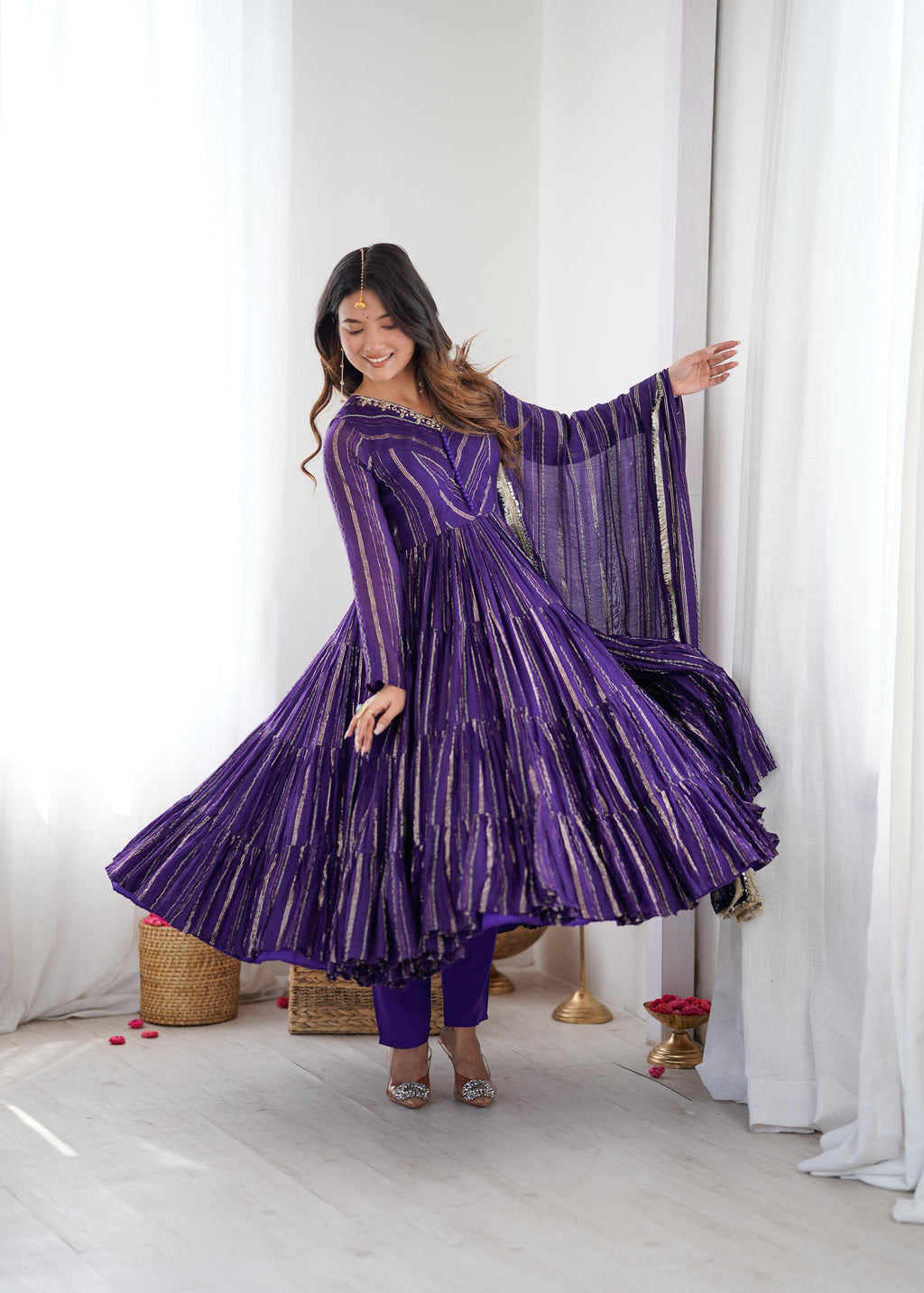 Purple Mal Chanderi Ruffle Kurta Set