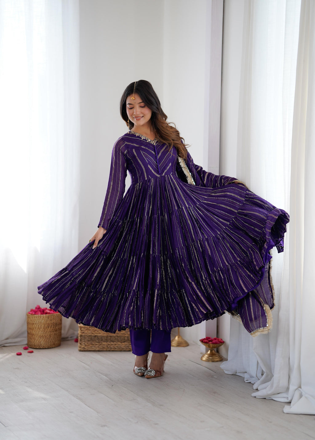 Purple Mal Chanderi Ruffle Kurta Set