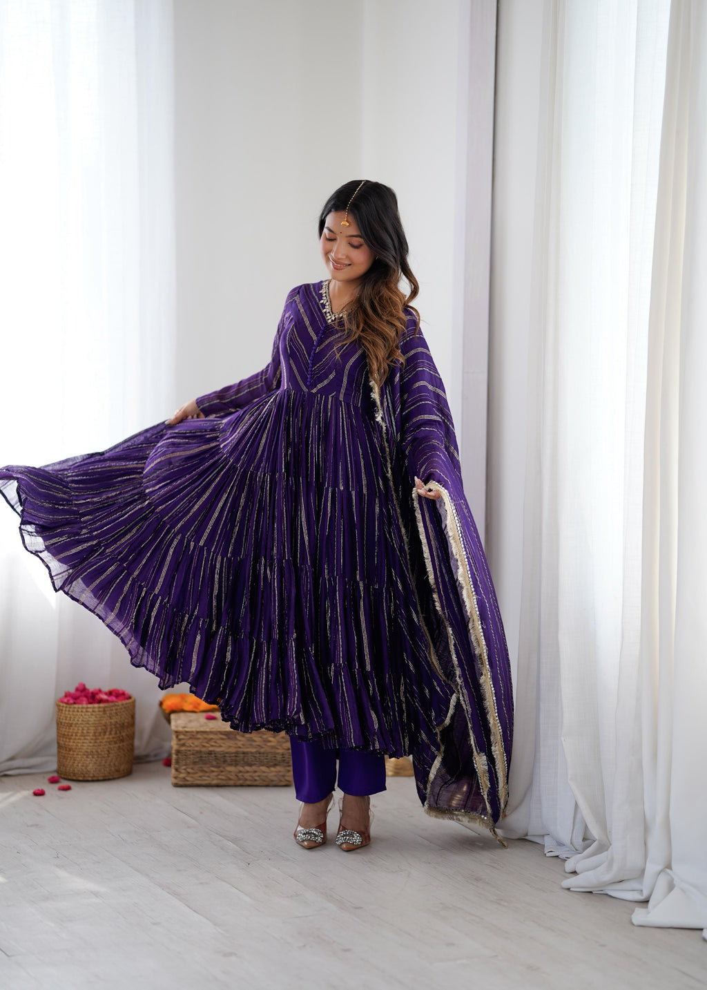 Purple Mal Chanderi Ruffle Kurta Set