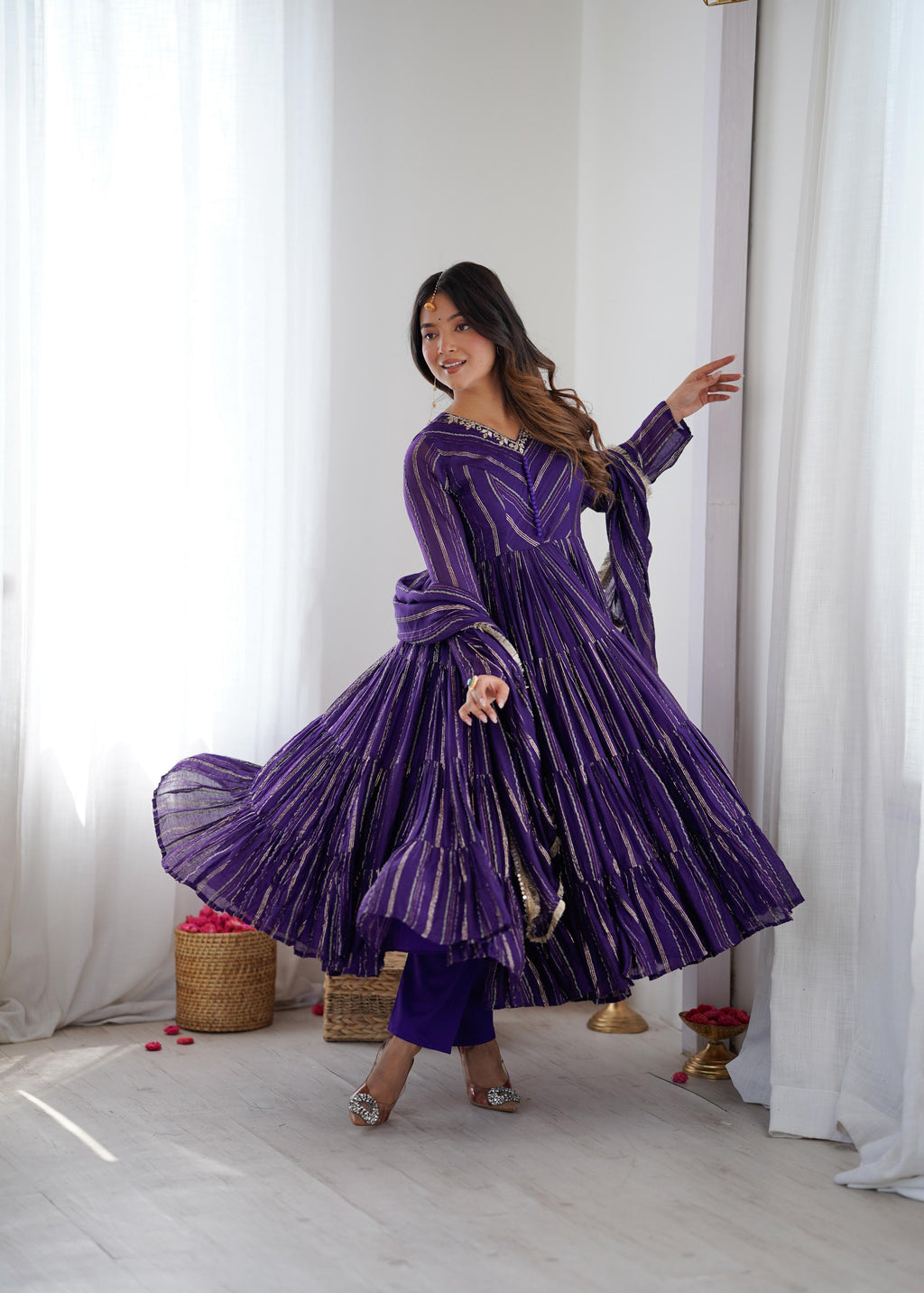 Purple Mal Chanderi Ruffle Kurta Set