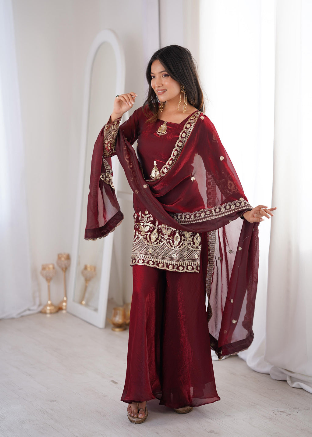 Maroon Embroidery Sequence Work Sharara Set