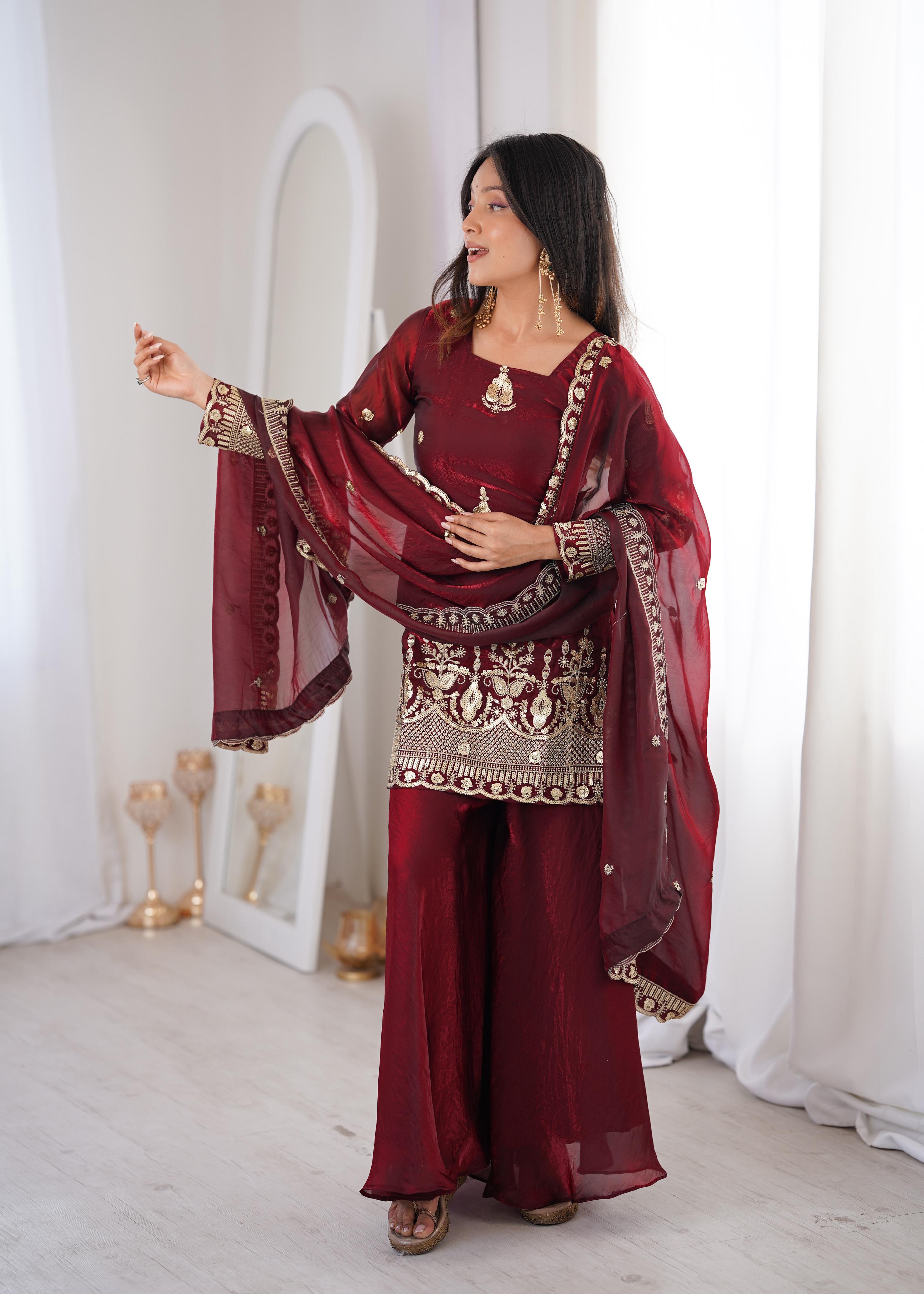 Maroon Embroidery Sequence Work Sharara Set