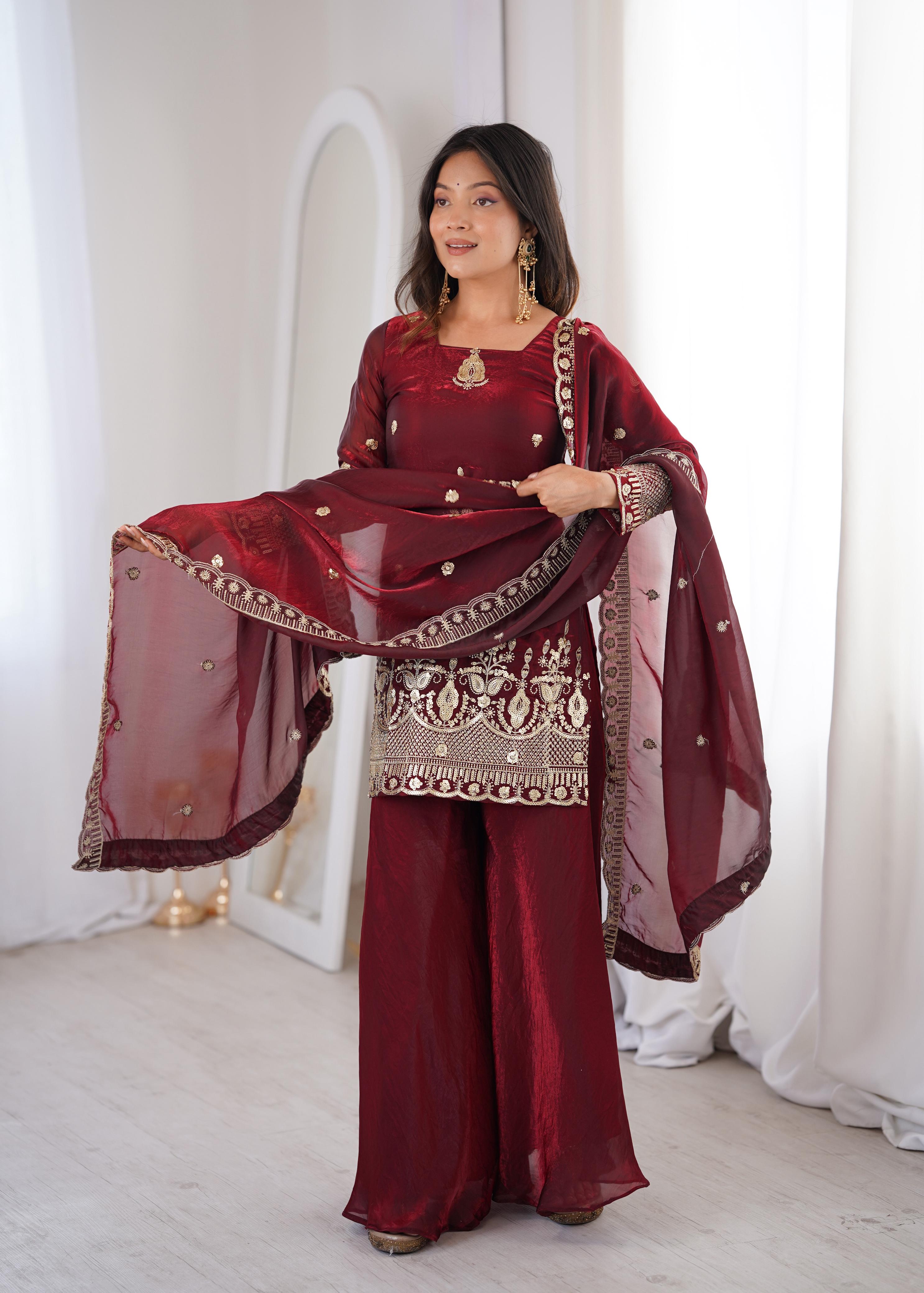 Maroon Embroidery Sequence Work Sharara Set