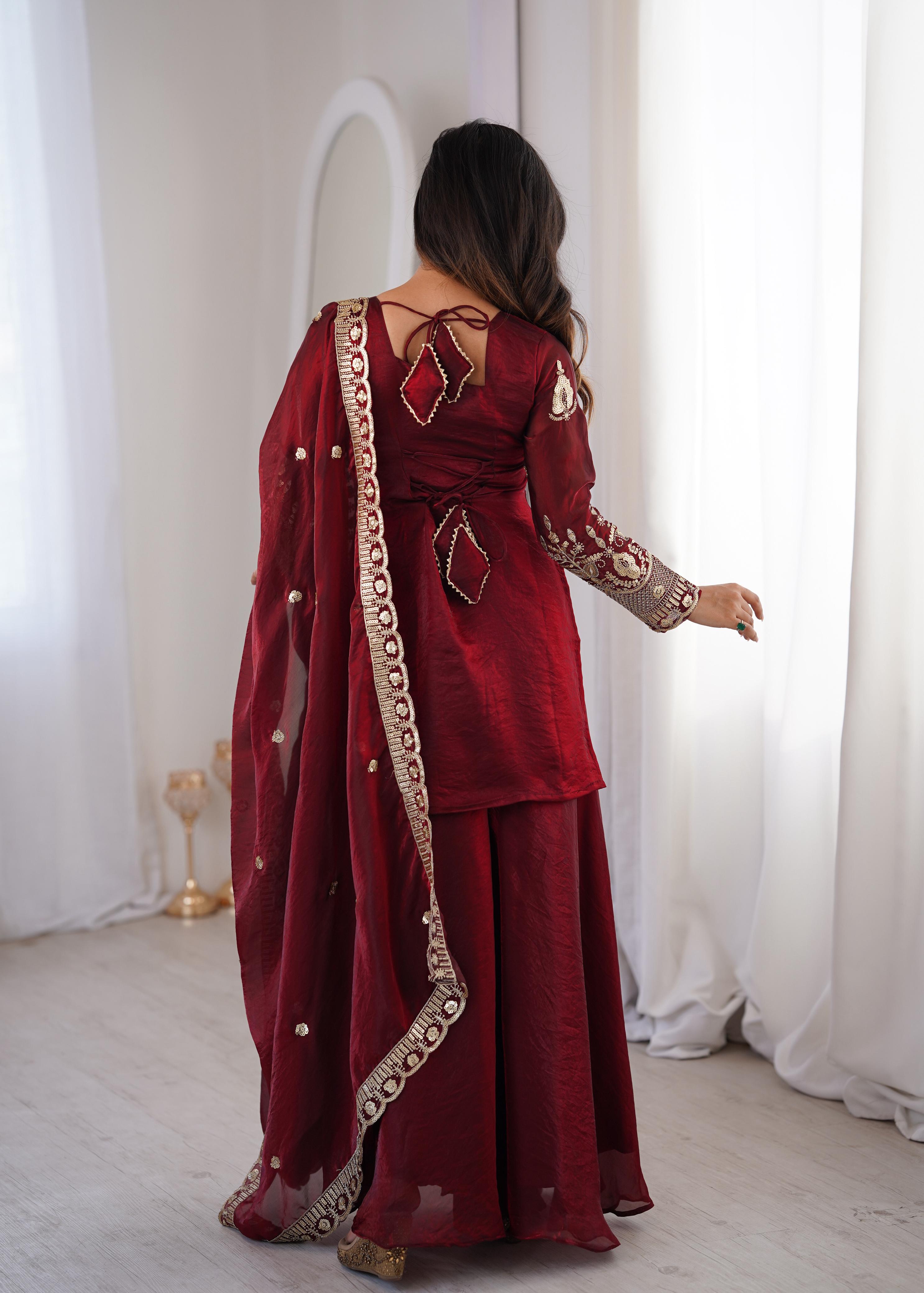 Maroon Embroidery Sequence Work Sharara Set
