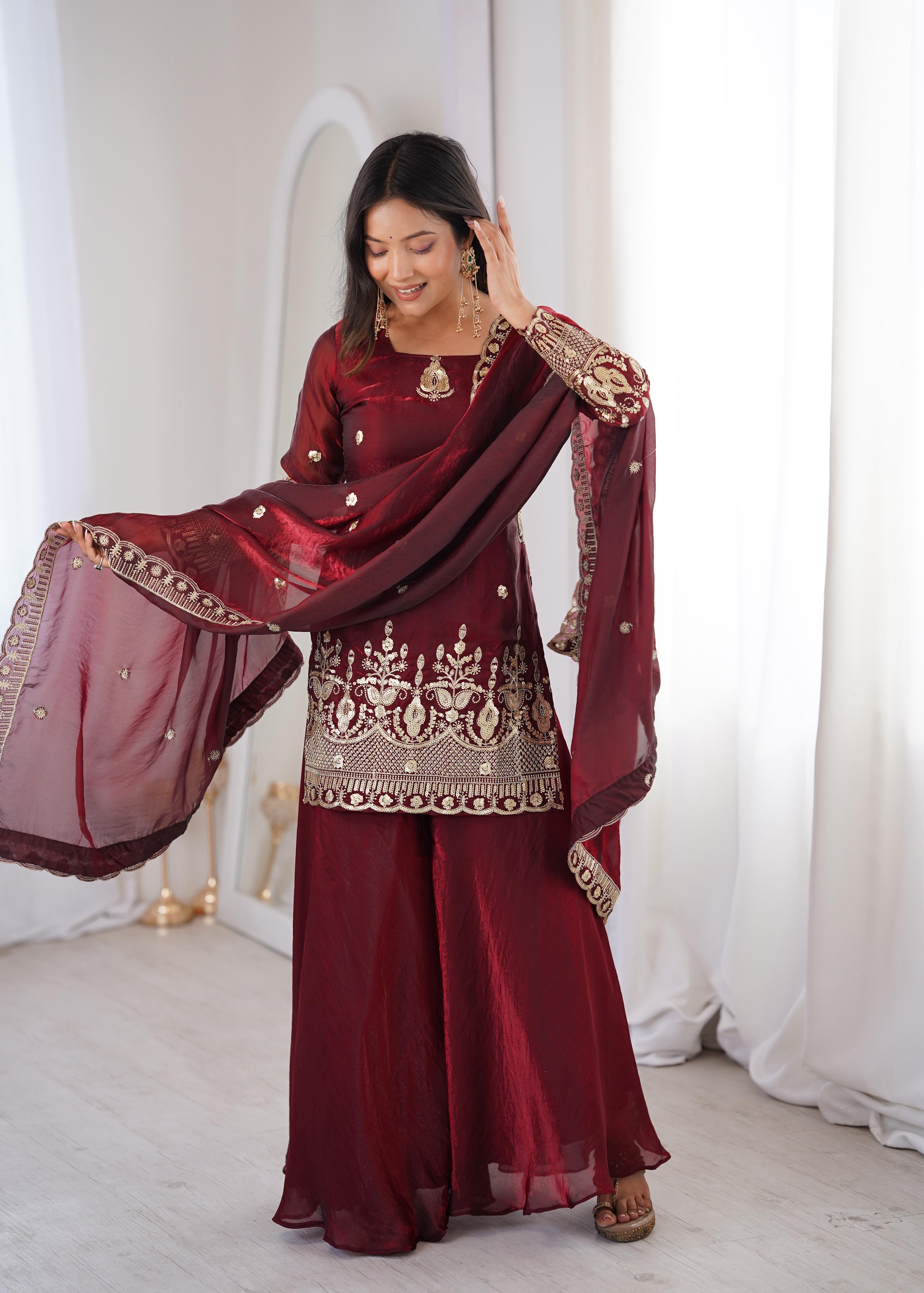 Maroon Embroidery Sequence Work Sharara Set