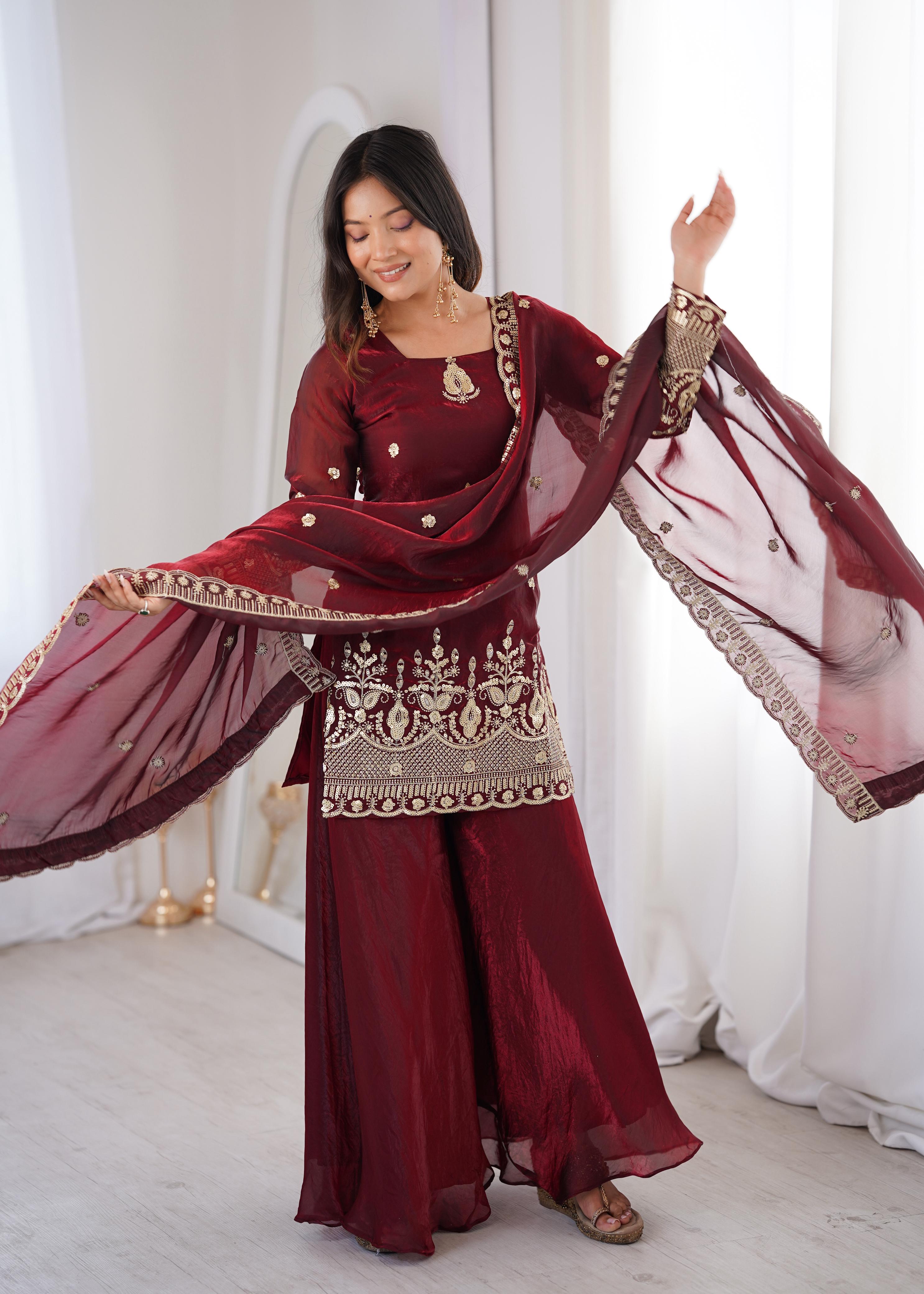 Maroon Embroidery Sequence Work Sharara Set