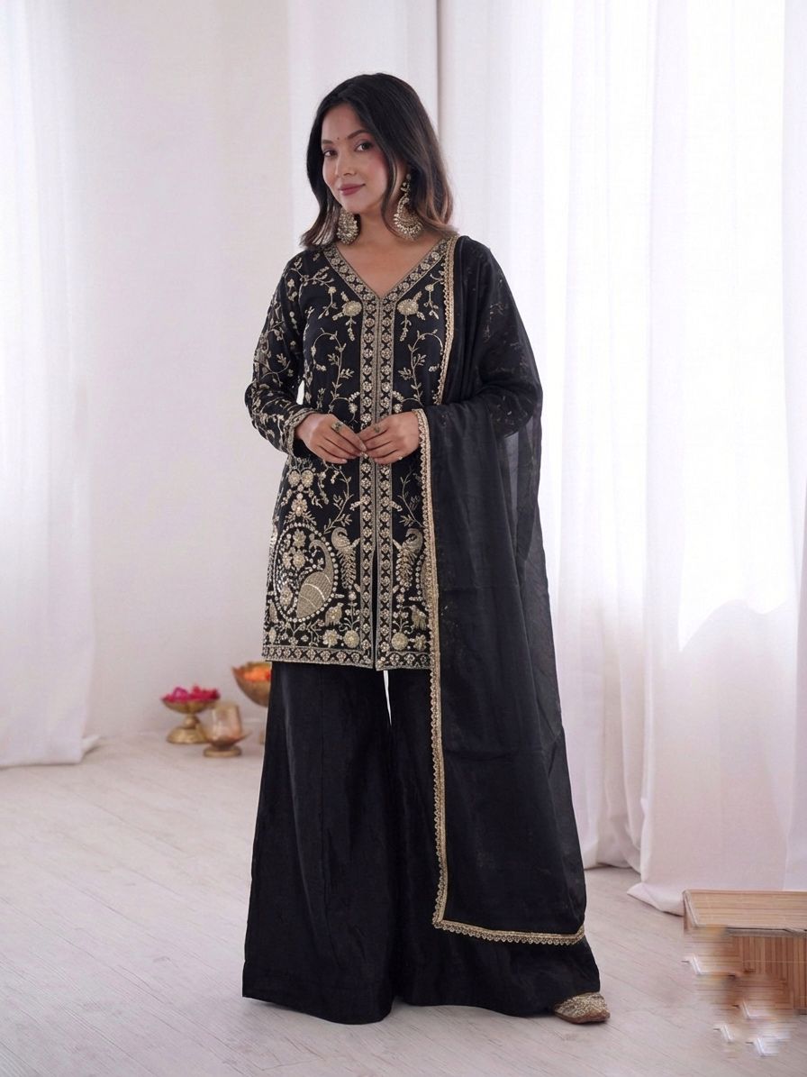 Black Heavy Embroidery Sequence Sharara Suit