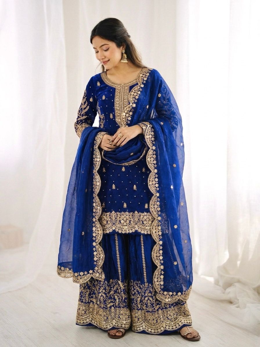Dark blue Fandy Silk Embroidery Sharara Set
