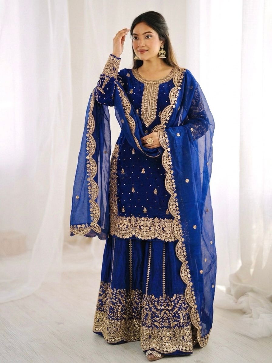 Dark blue Fandy Silk Embroidery Sharara Set