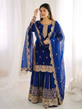Dark blue Fandy Silk Embroidery Sharara Set