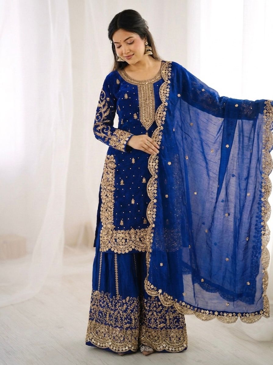 Dark blue Fandy Silk Embroidery Sharara Set