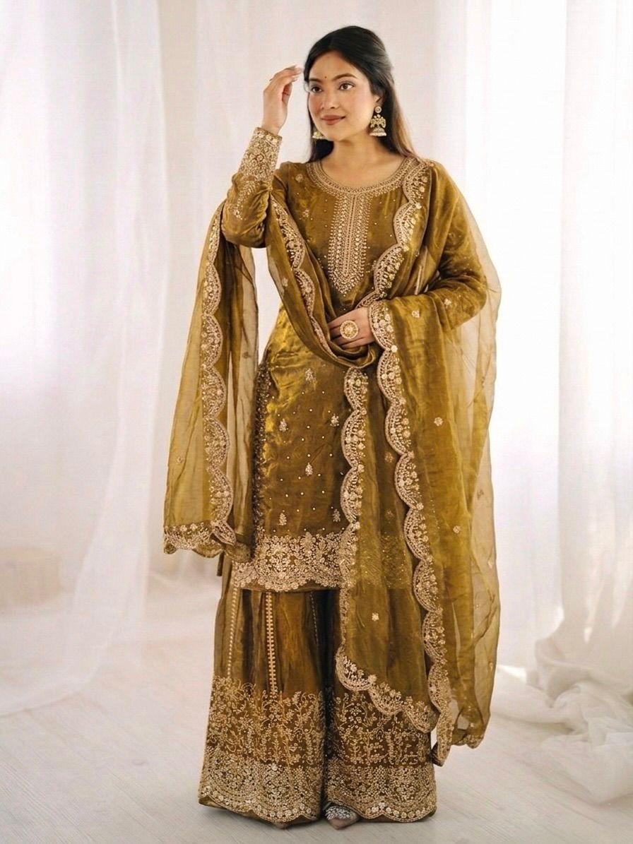 Golden Fandy Silk Embroidery Sharara Set