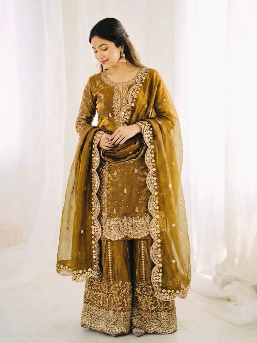 Golden Fandy Silk Embroidery Sharara Set