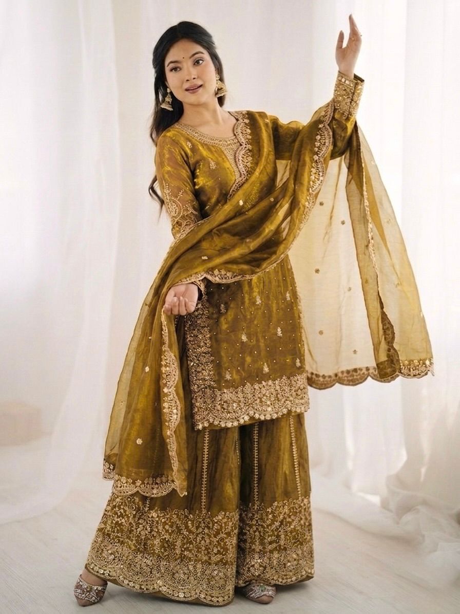 Golden Fandy Silk Embroidery Sharara Set