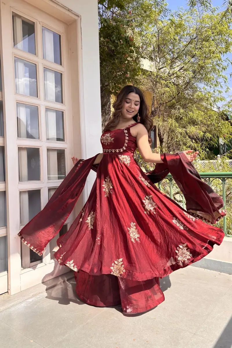 Maroon Fandy silk sequence Work Suit Set