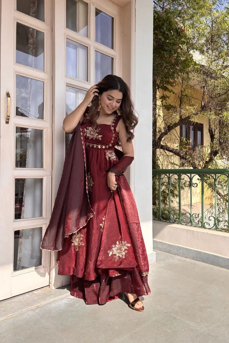 Maroon Fandy silk sequence Work Suit Set