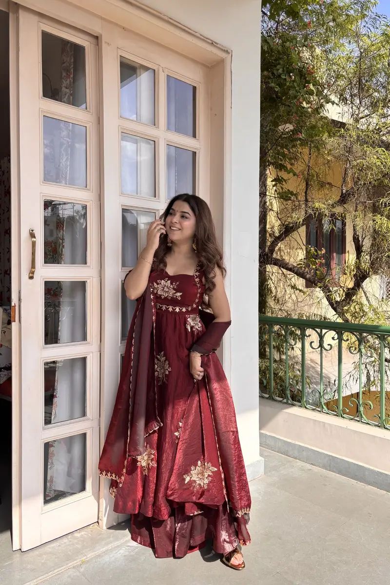 Maroon Fandy silk sequence Work Suit Set