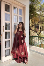 Maroon Fandy silk sequence Work Suit Set