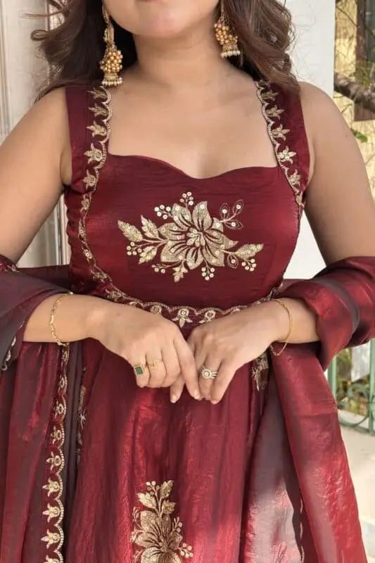 Maroon Fandy silk sequence Work Suit Set