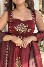 Maroon Fandy silk sequence Work Suit Set