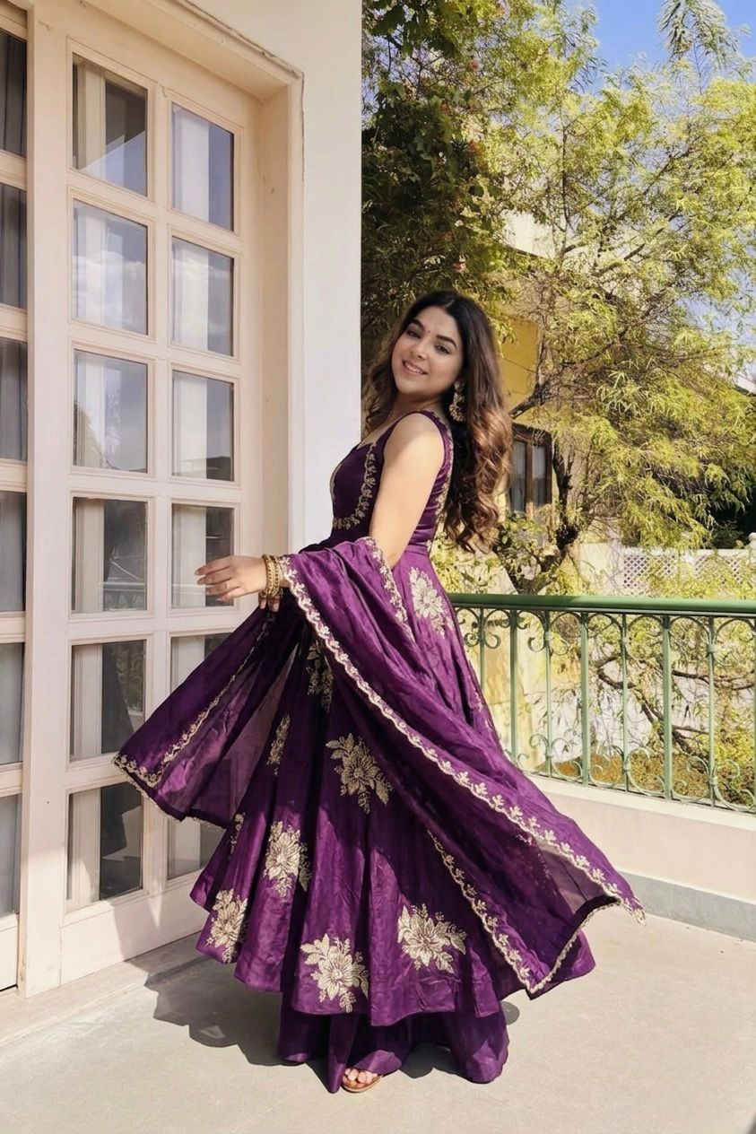 Purple Fandy silk sequence Work Suit Set
