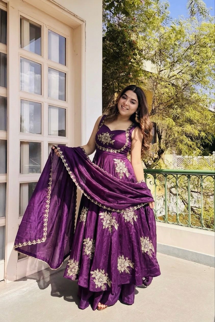 Purple Fandy silk sequence Work Suit Set