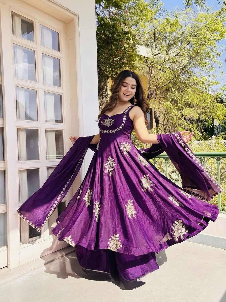Purple Fandy silk sequence Work Suit Set