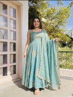 Dusty Blue Fandy silk sequence Work Suit Set