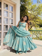 Dusty Blue Fandy silk sequence Work Suit Set