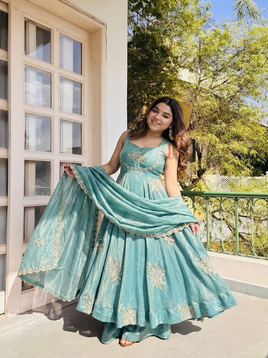 Dusty Blue Fandy silk sequence Work Suit Set