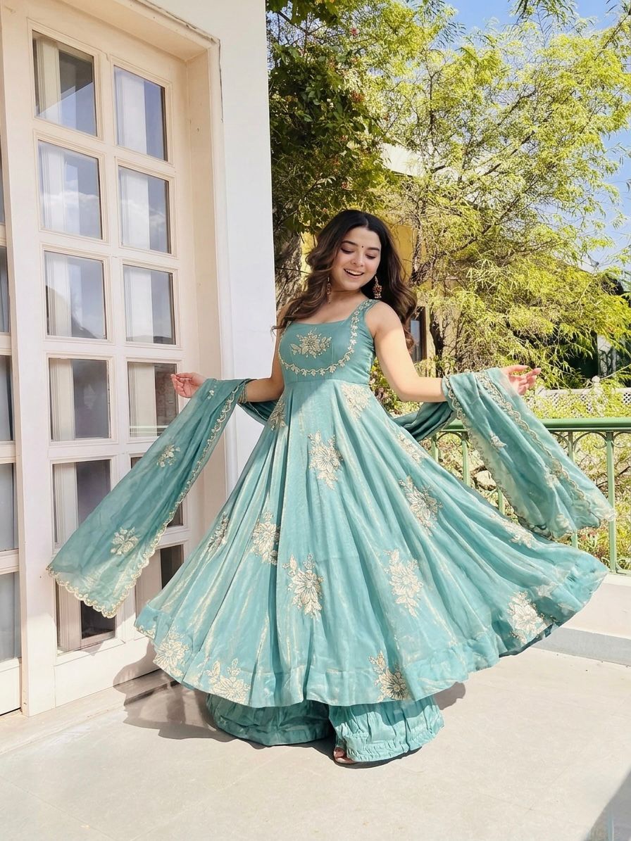 Dusty Blue Fandy silk sequence Work Suit Set