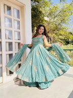 Dusty Blue Fandy silk sequence Work Suit Set