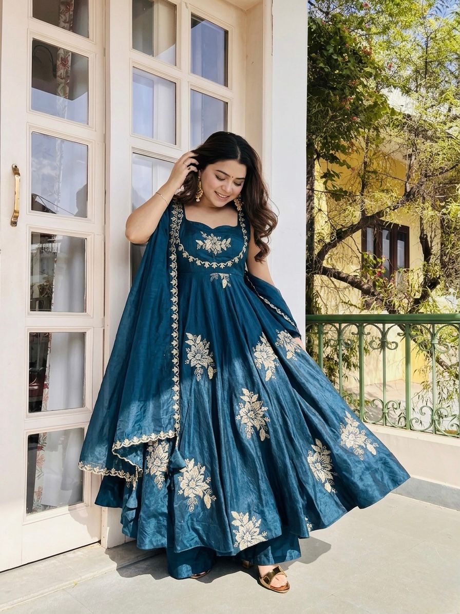 Dark blue Fandy silk sequence Work Suit Set