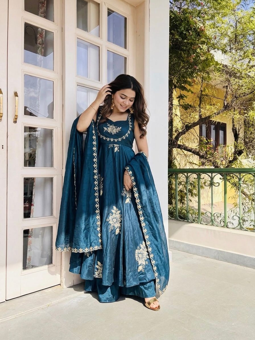 Dark blue Fandy silk sequence Work Suit Set