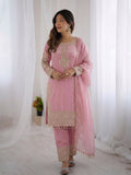 Baby Pink Roman Silk Embroidery Suit Set