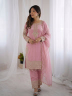 Baby Pink Roman Silk Embroidery Suit Set