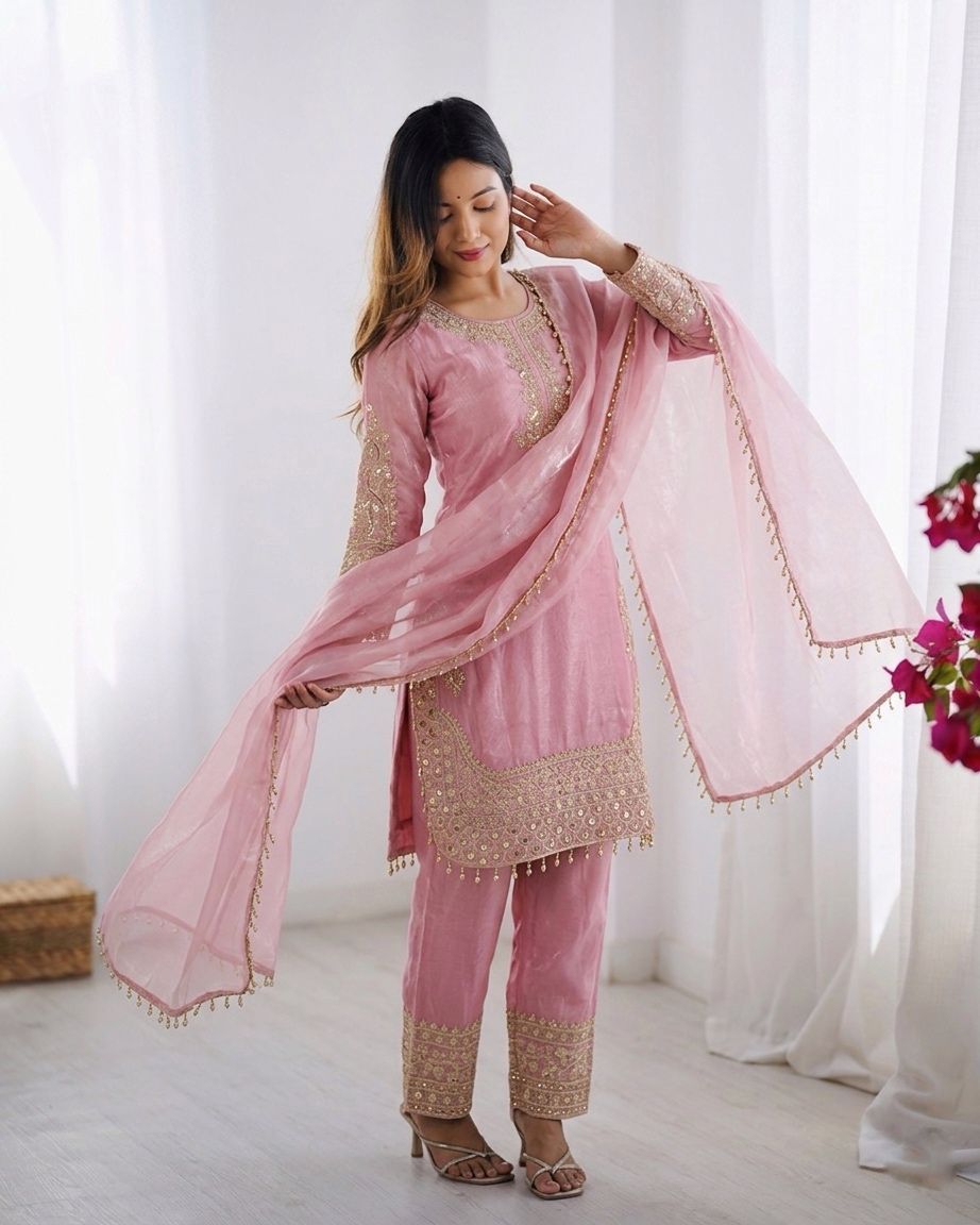 Baby Pink Roman Silk Embroidery Suit Set