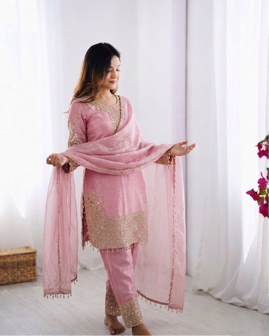 Baby Pink Roman Silk Embroidery Suit Set