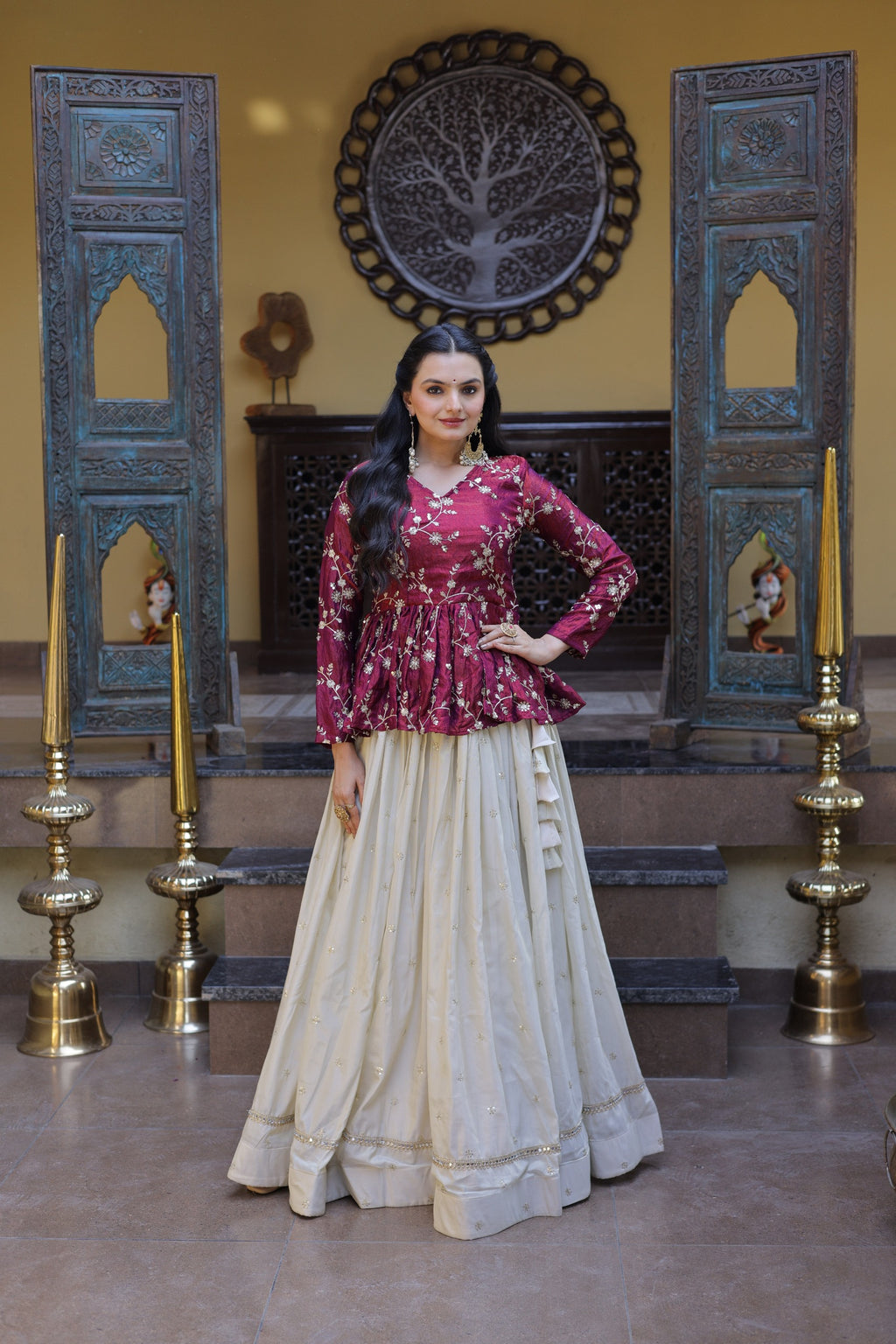 Wine Cosmos Fabric With Zari Sequins And Embroidery Work Crop Top