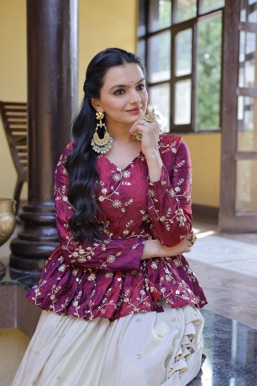 Wine Cosmos Fabric With Zari Sequins And Embroidery Work Crop Top