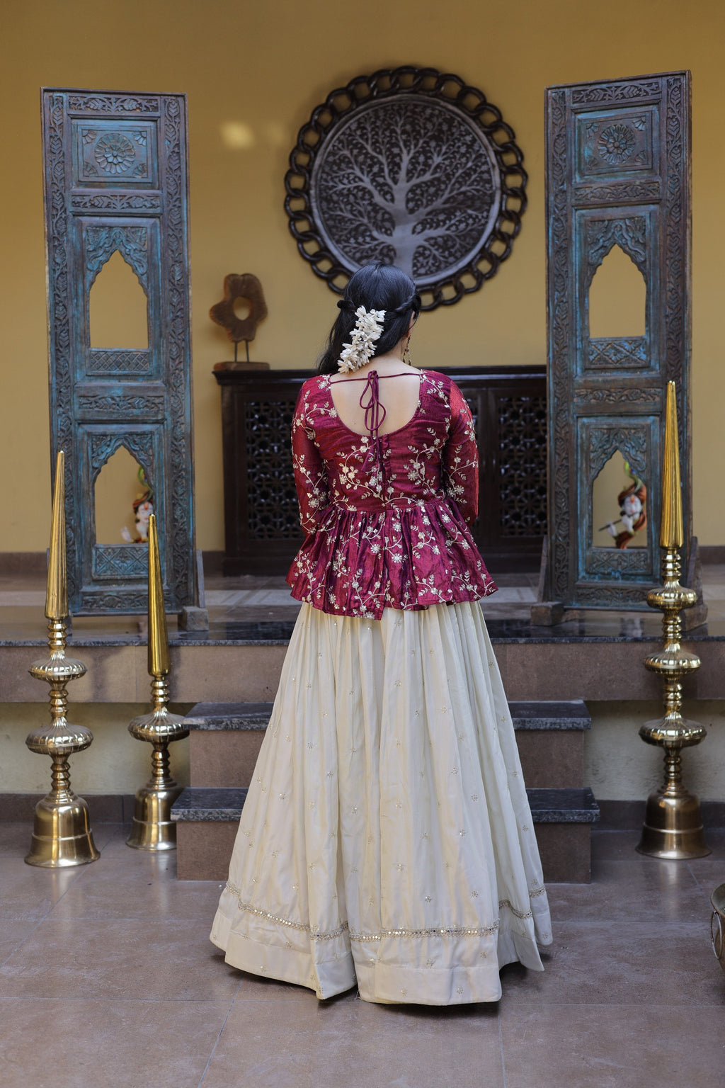Wine Cosmos Fabric With Zari Sequins And Embroidery Work Crop Top