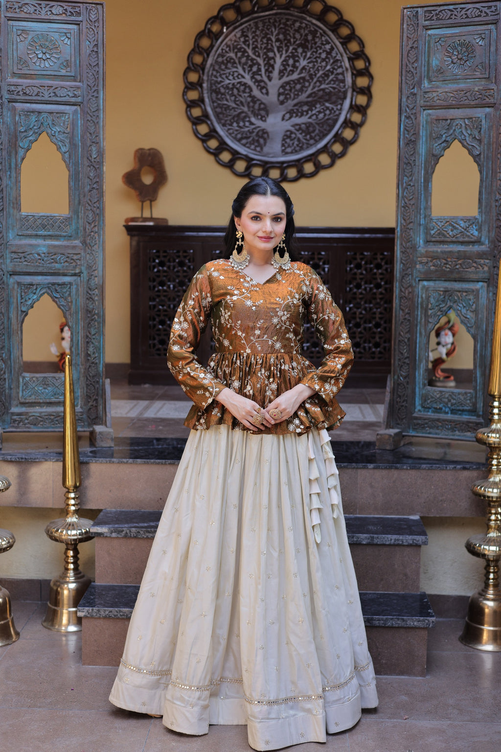 Golden Cosmos Fabric With Zari Sequins And Embroidery Work Crop Top
