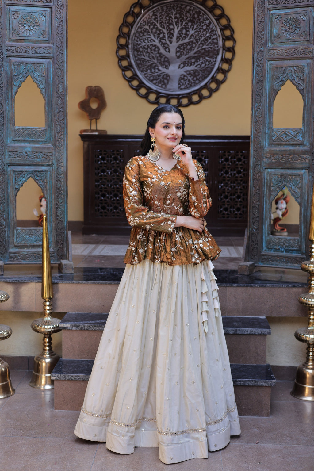 Golden Cosmos Fabric With Zari Sequins And Embroidery Work Crop Top