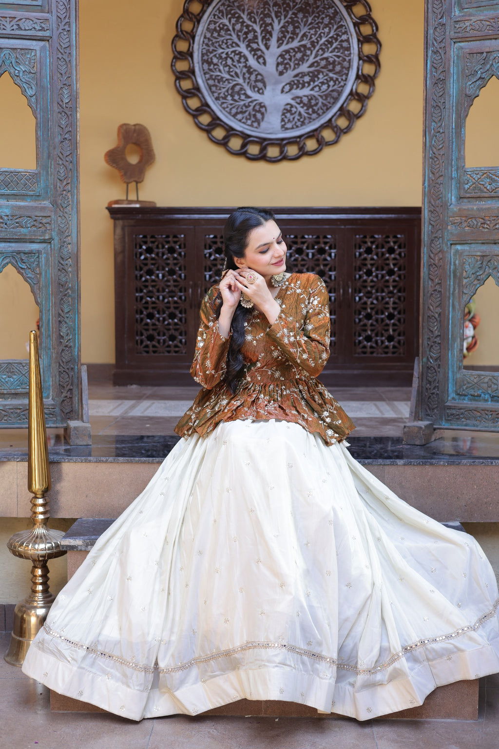 Golden Cosmos Fabric With Zari Sequins And Embroidery Work Crop Top