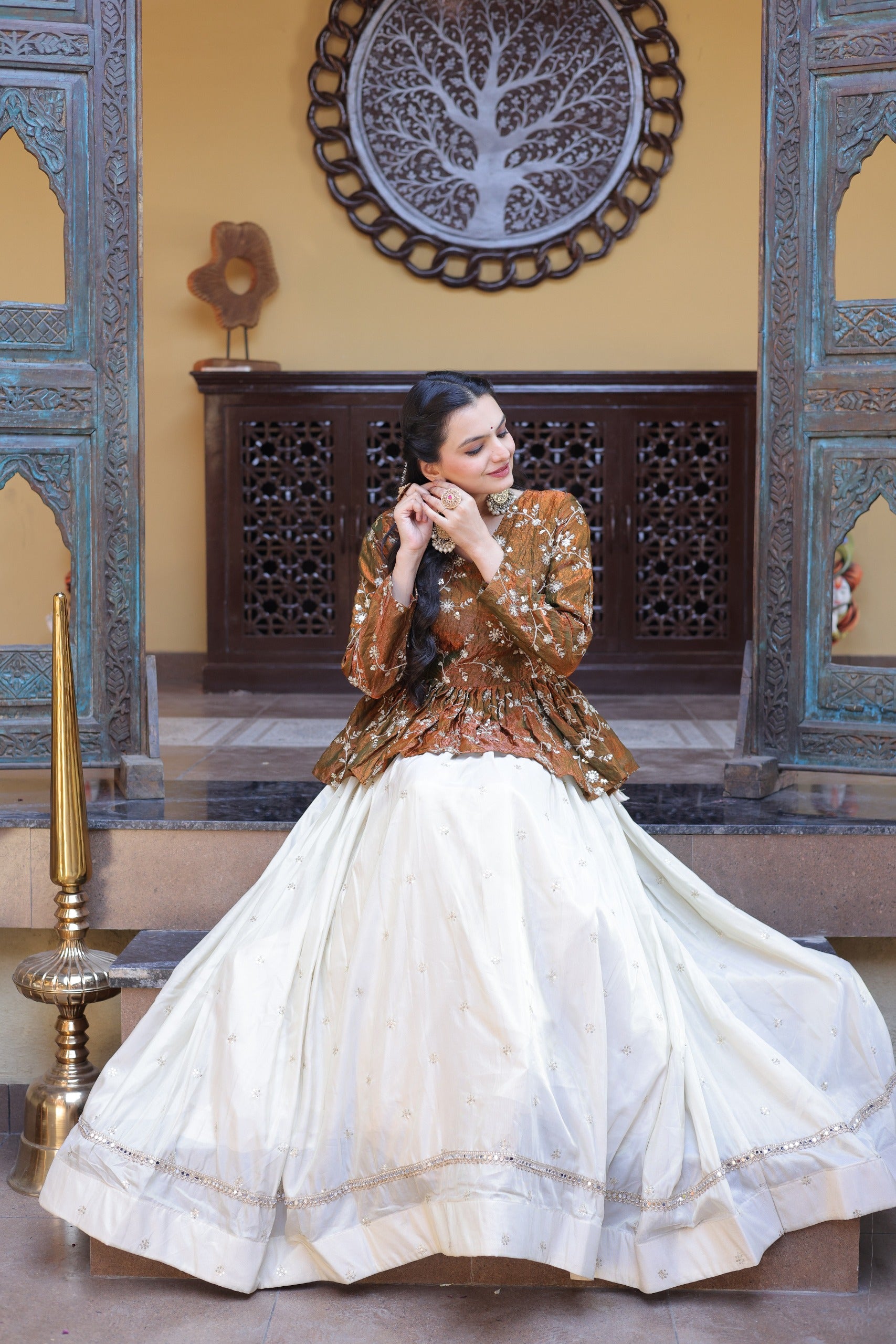 Golden Cosmos Fabric With Zari Sequins And Embroidery Work Crop Top
